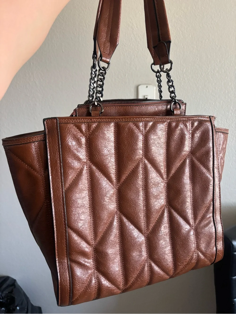 Steve Madden Quilted Brown Leather Tote with Chain Accent - Picture 2 of 5